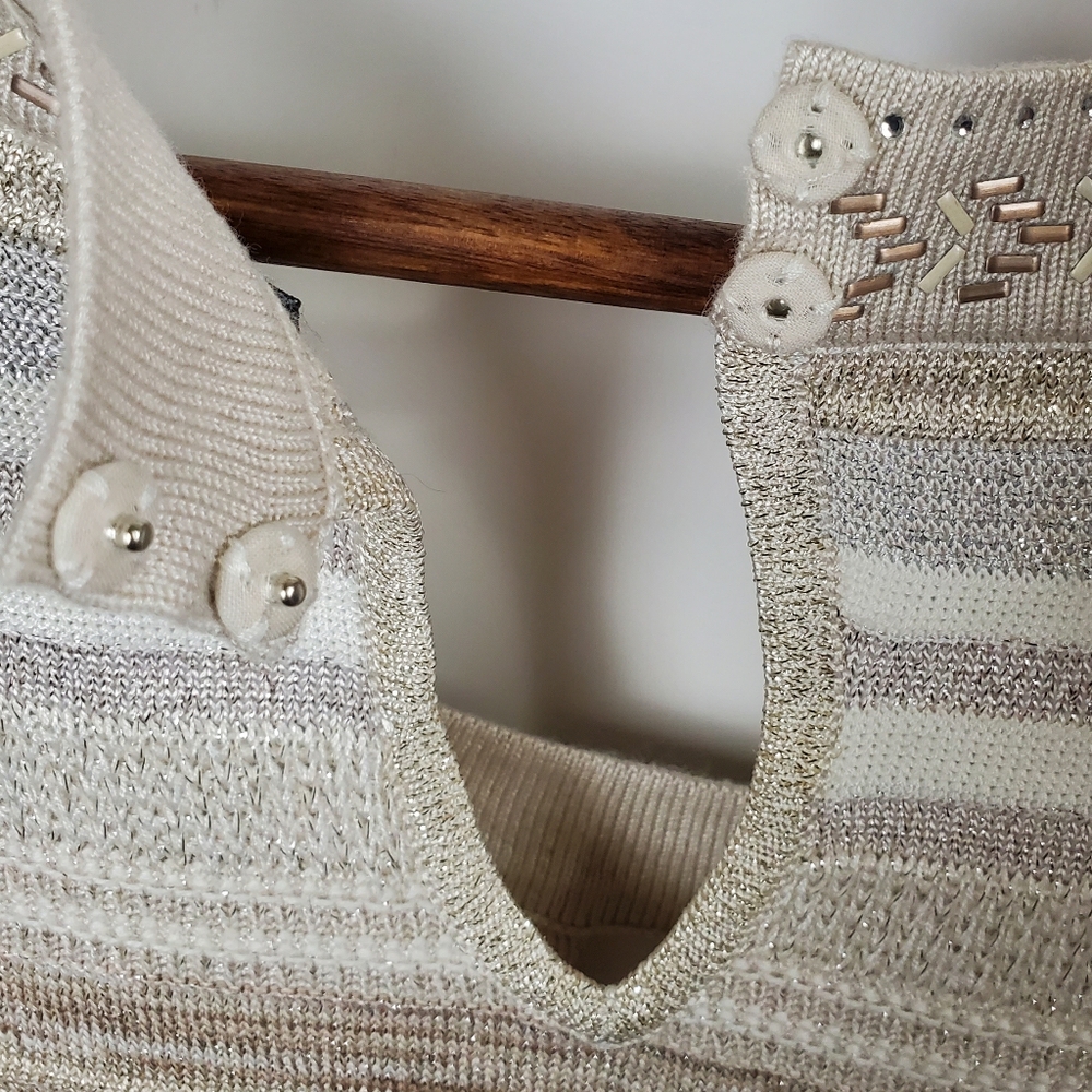 WHITE HOUSE BLACK MARKET Sleeveless Knit Tank Top Beige Crochet Neck Boho Stripe - Picture 7 of 10